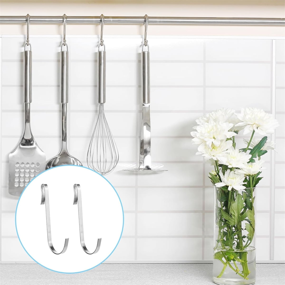 Tutuviw 20 Pcs 2.4in Long J-Hook for Wire Shelving, Wire Rack Hook, Stainless Steel Hanger Clip-on Hooks, Hanging Sink Grid Hook, Heavy Duty Utility Hooks for Kitchen Bedroom Office, Silver White - Image 4