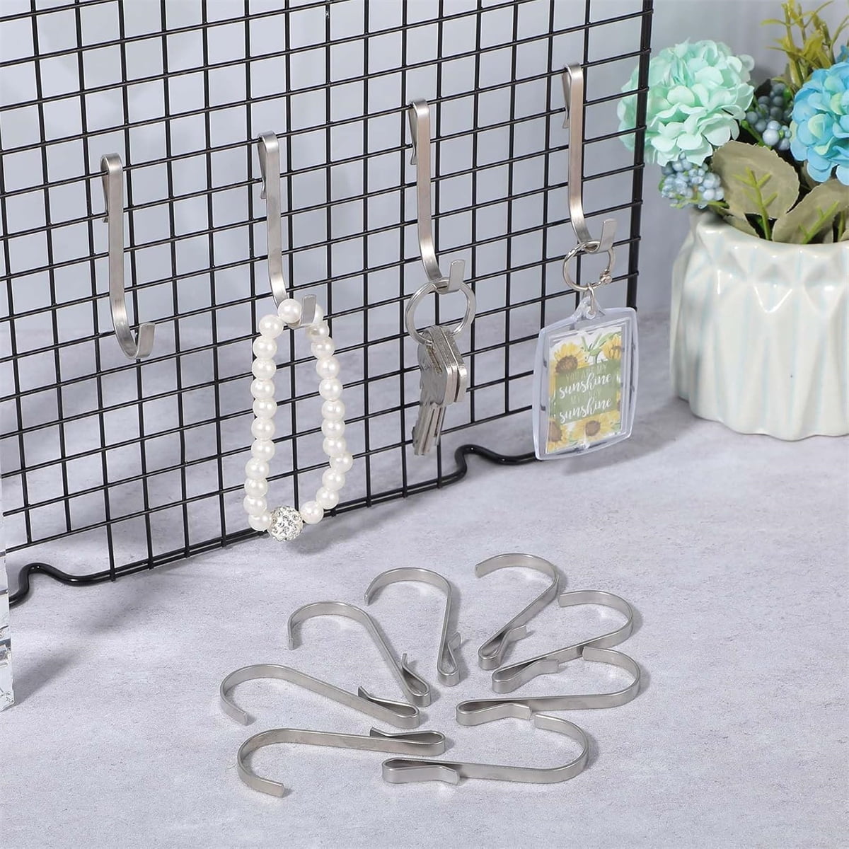 Tutuviw 20 Pcs 2.4in Long J-Hook for Wire Shelving, Wire Rack Hook, Stainless Steel Hanger Clip-on Hooks, Hanging Sink Grid Hook, Heavy Duty Utility Hooks for Kitchen Bedroom Office, Silver White - Image 8