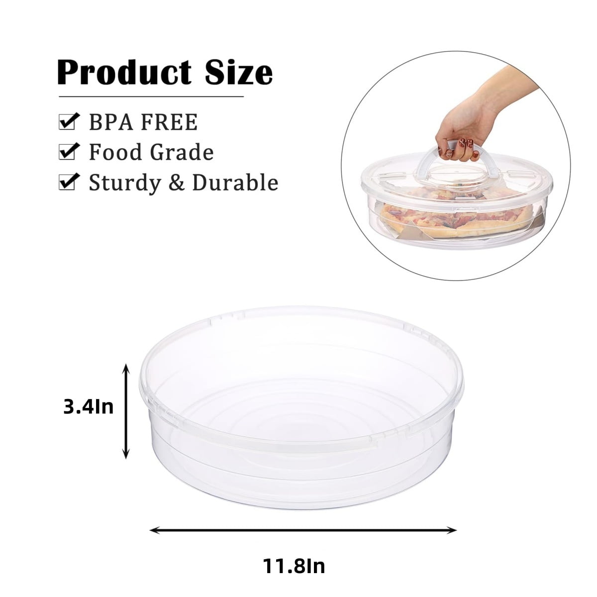 2 Compartments Pizza Storage Container,11.8X3.4In Round Pie Carrier with Lid and Handle,Clear Reusable Pizza Tray for Cupcakes - Image 2