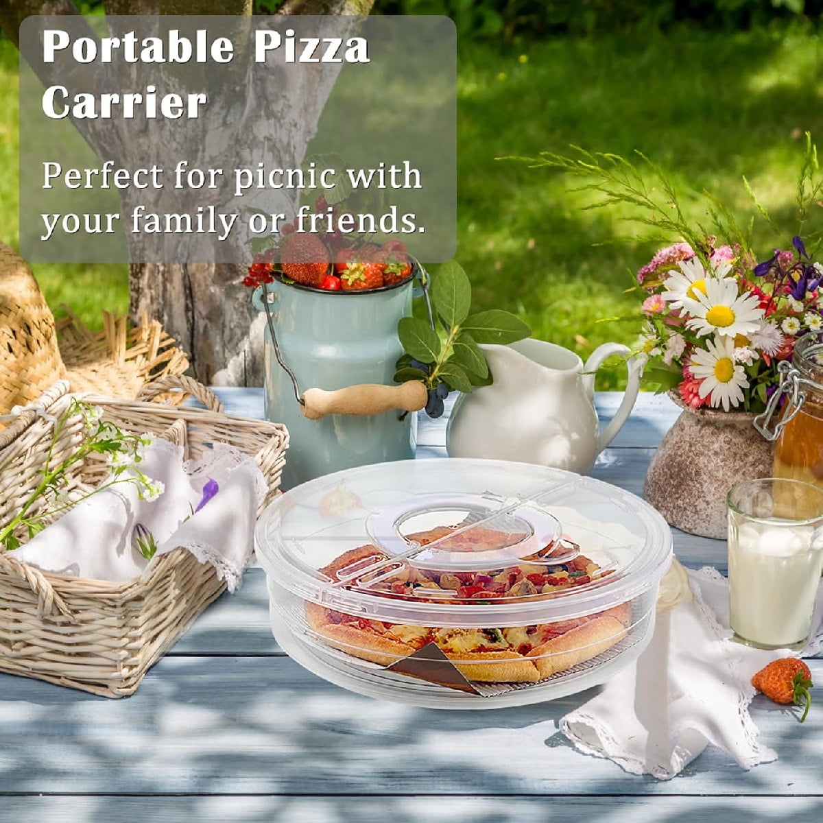 2 Compartments Pizza Storage Container,11.8X3.4In Round Pie Carrier with Lid and Handle,Clear Reusable Pizza Tray for Cupcakes - Image 4