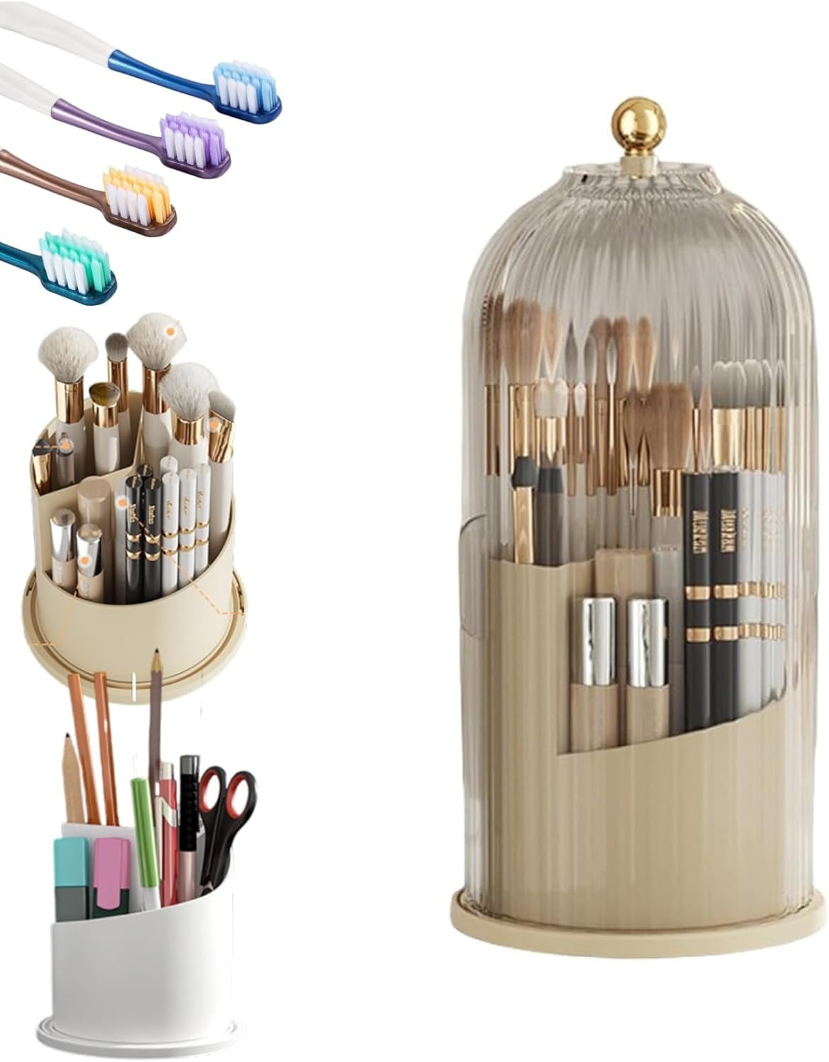 Concealed Toothbrush Holder,Toothbrush Holders for Bathrooms,360 Rotating Waterproof Dustproof Toothpaste Holders with Sliding Lid,for Vanity Makeup Brushes Holder,Pen Holder Storage (C) A - Image 1