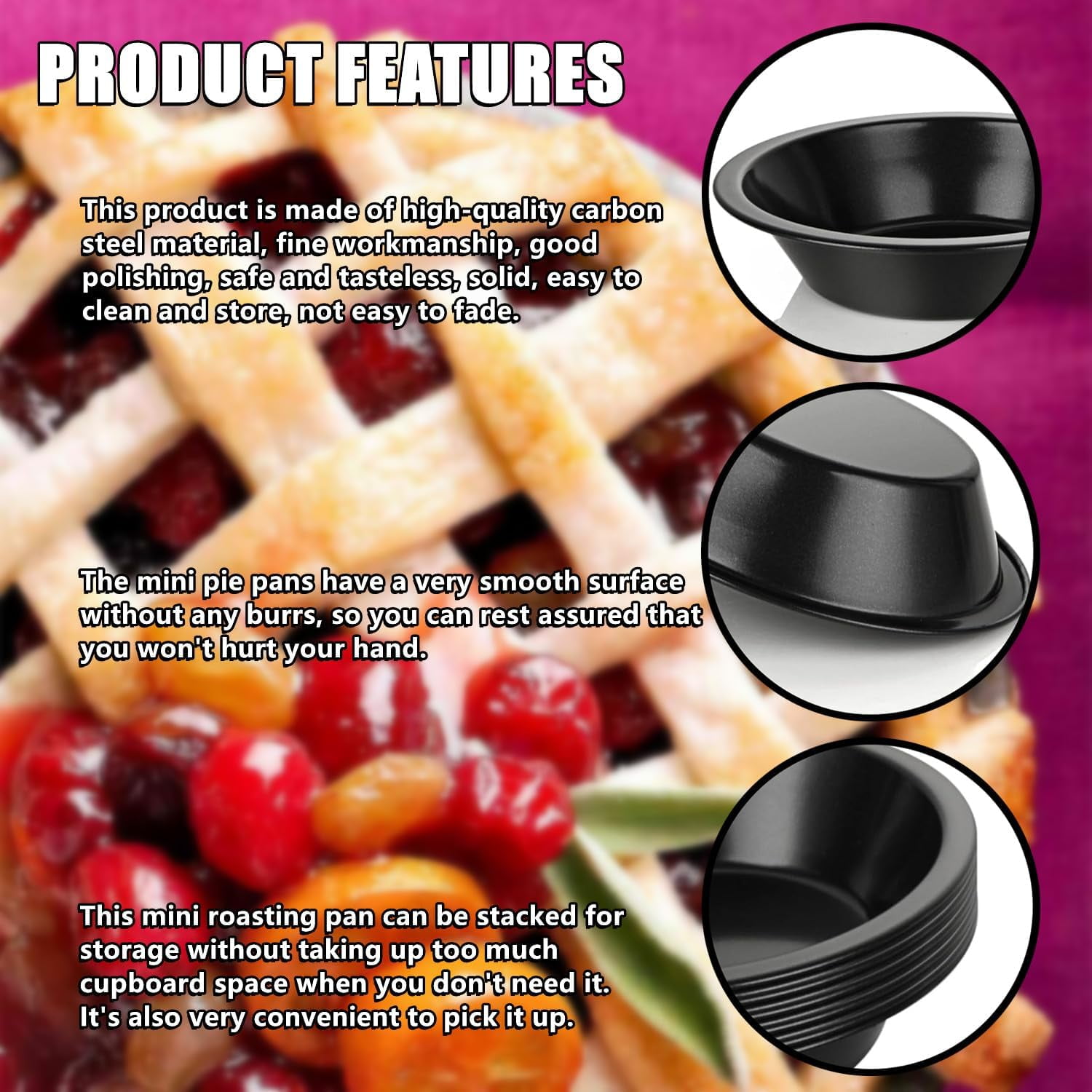 Tutuviw 6 Pack 5 inch Reusable Small Pie Pans, Nonstick Small Pie Tins, Carbon Steel Pie Pans, Mini Pie Pans for Baking, Round Bread and Meat Pie Tins Mini Pie Tins for Cake Dessert - Image 3