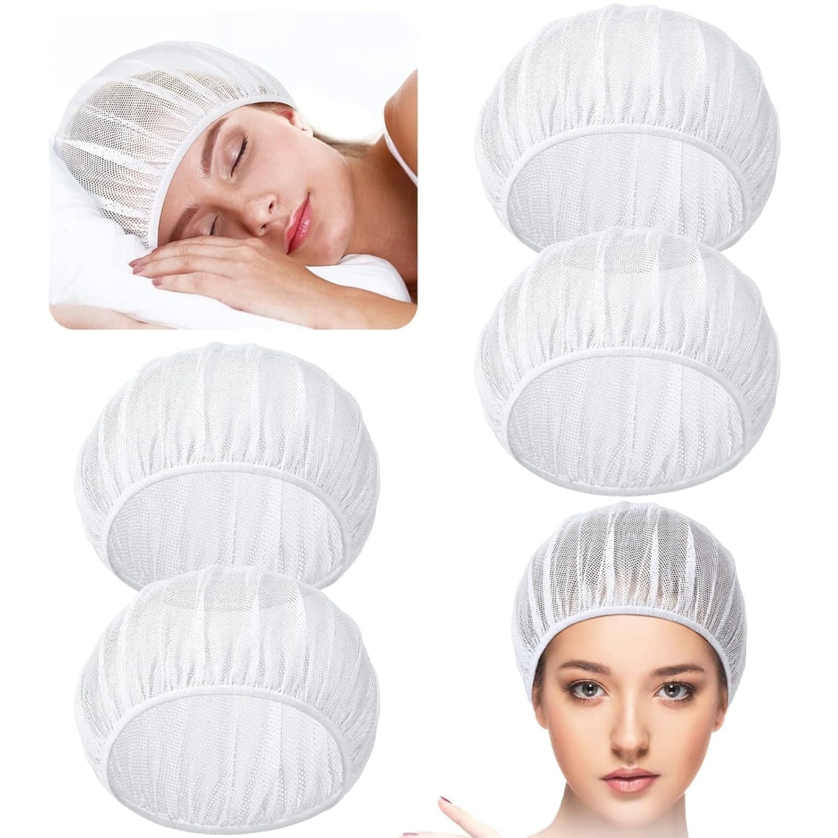 QZS 4 Pcs Mesh Sleep Bonnets,Breathable Shower Caps,Hair Nets Caps for Women,Reusable Multi-color Night Bonnets for Shower,Sleeping,Washing Face White - Image 1