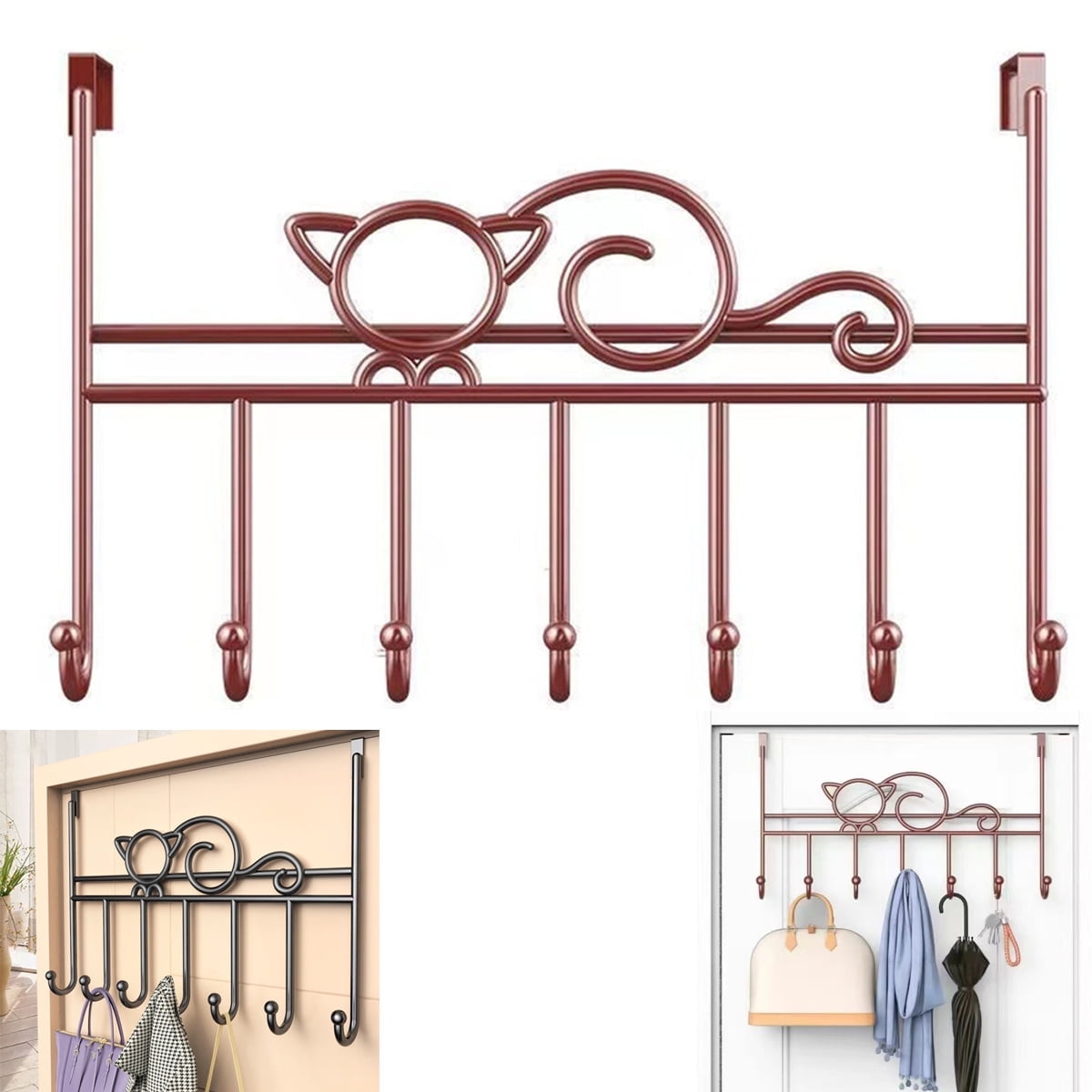 Tutuviw Over the Door Hook,Cat Design Wall Hooks Over Door Hook with 7 Hooks for Back of Bedroom Bathroom Door Punch-Free Coat Rack Organizer Clothes Key Holder Towel Door Coat Hanger,Black Brown - Image 1