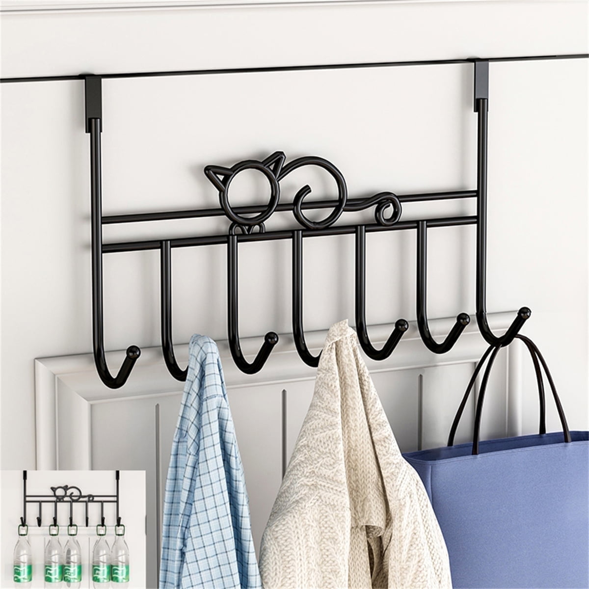 Tutuviw Over the Door Hook,Cat Design Wall Hooks Over Door Hook with 7 Hooks for Back of Bedroom Bathroom Door Punch-Free Coat Rack Organizer Clothes Key Holder Towel Door Coat Hanger,Black Brown - Image 3