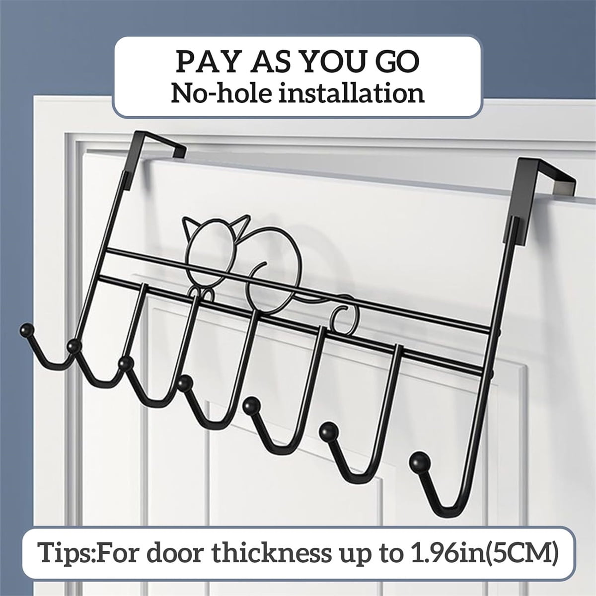 Tutuviw Over the Door Hook,Cat Design Wall Hooks Over Door Hook with 7 Hooks for Back of Bedroom Bathroom Door Punch-Free Coat Rack Organizer Clothes Key Holder Towel Door Coat Hanger,Black Brown - Image 5