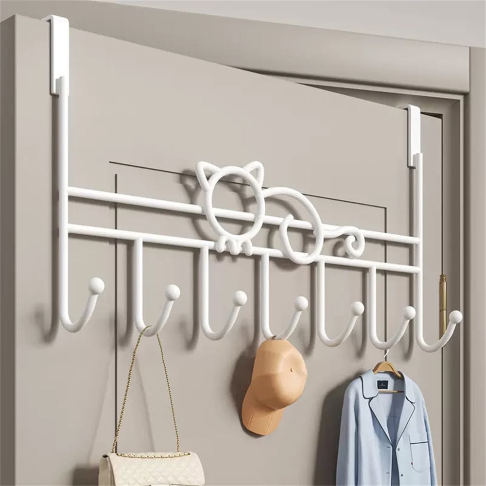 Tutuviw Over the Door Hook,Cat Design Wall Hooks Over Door Hook with 7 Hooks for Back of Bedroom Bathroom Door Punch-Free Coat Rack Organizer Clothes Key Holder Towel Door Coat Hanger,Black White - Image 1