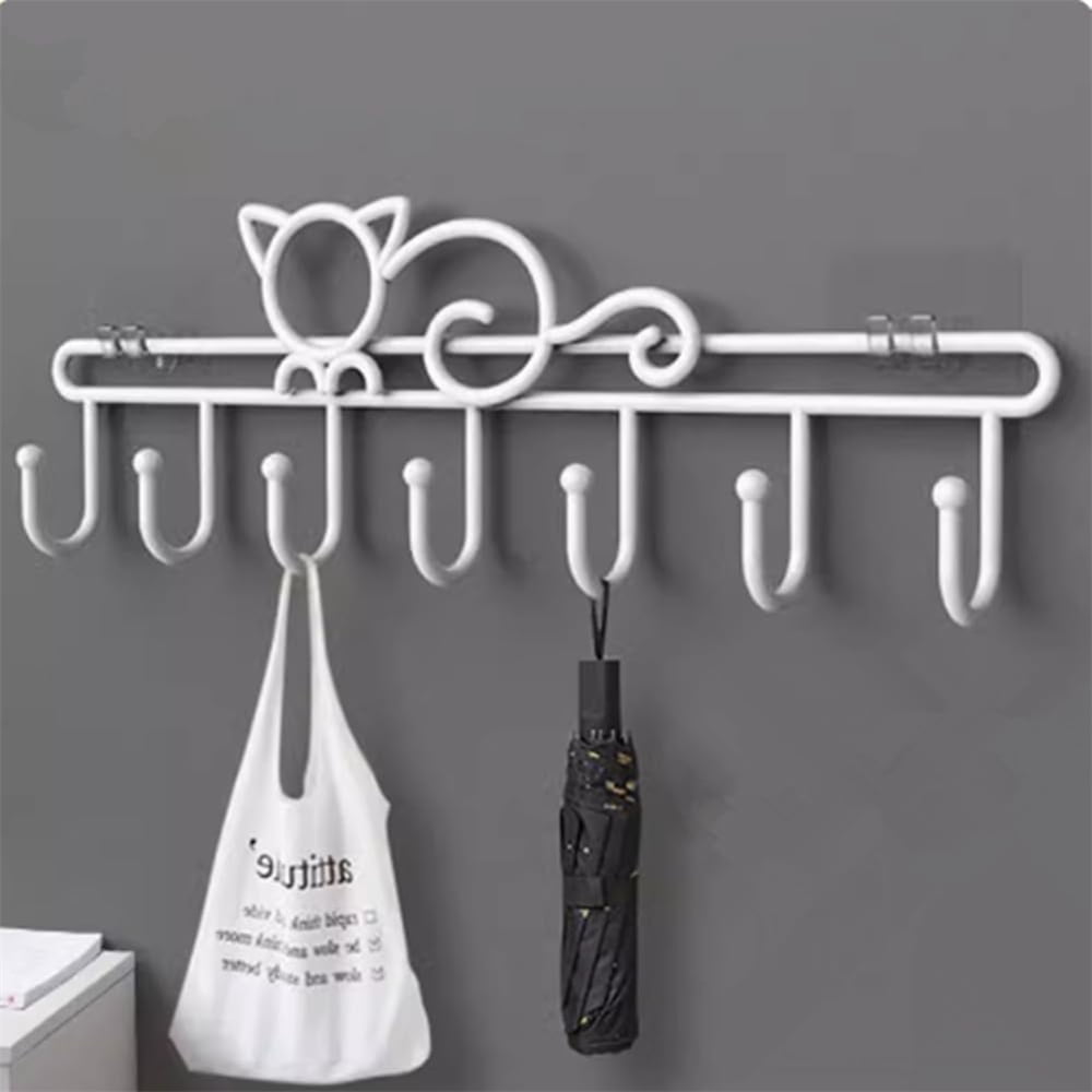 Tutuviw Over the Door Hook,Cat Design Wall Hooks Over Door Hook with 7 Hooks for Back of Bedroom Bathroom Door Punch-Free Coat Rack Organizer Clothes Key Holder Towel Door Coat Hanger,Black White - Image 2