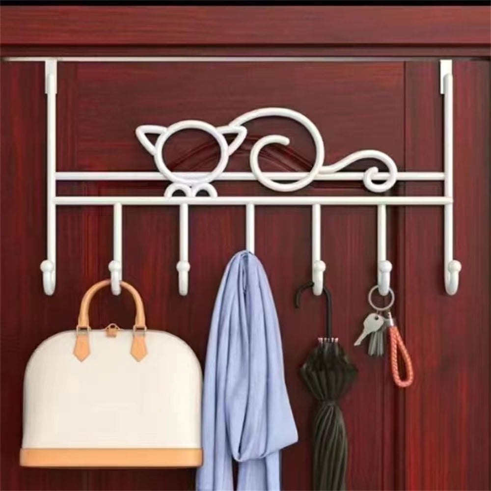 Tutuviw Over the Door Hook,Cat Design Wall Hooks Over Door Hook with 7 Hooks for Back of Bedroom Bathroom Door Punch-Free Coat Rack Organizer Clothes Key Holder Towel Door Coat Hanger,Black White - Image 4