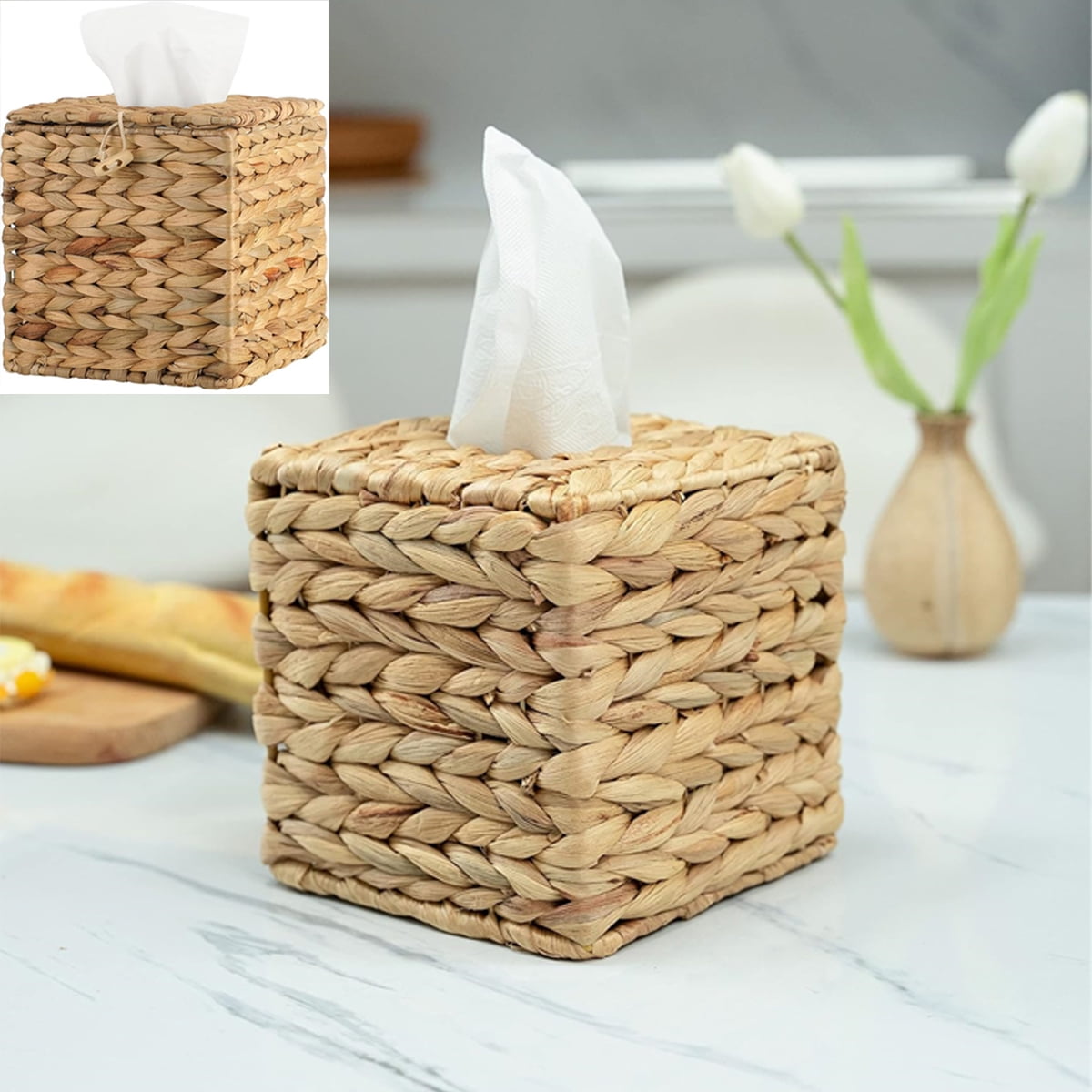 Tutuviw Tissue Box Cover Rectangle,Tissue Box Holder for Bathroom,Water Hyacinth Tissue Box Holder,Rattan Tissue Box Cover Facial Tissue Holder for Table,10