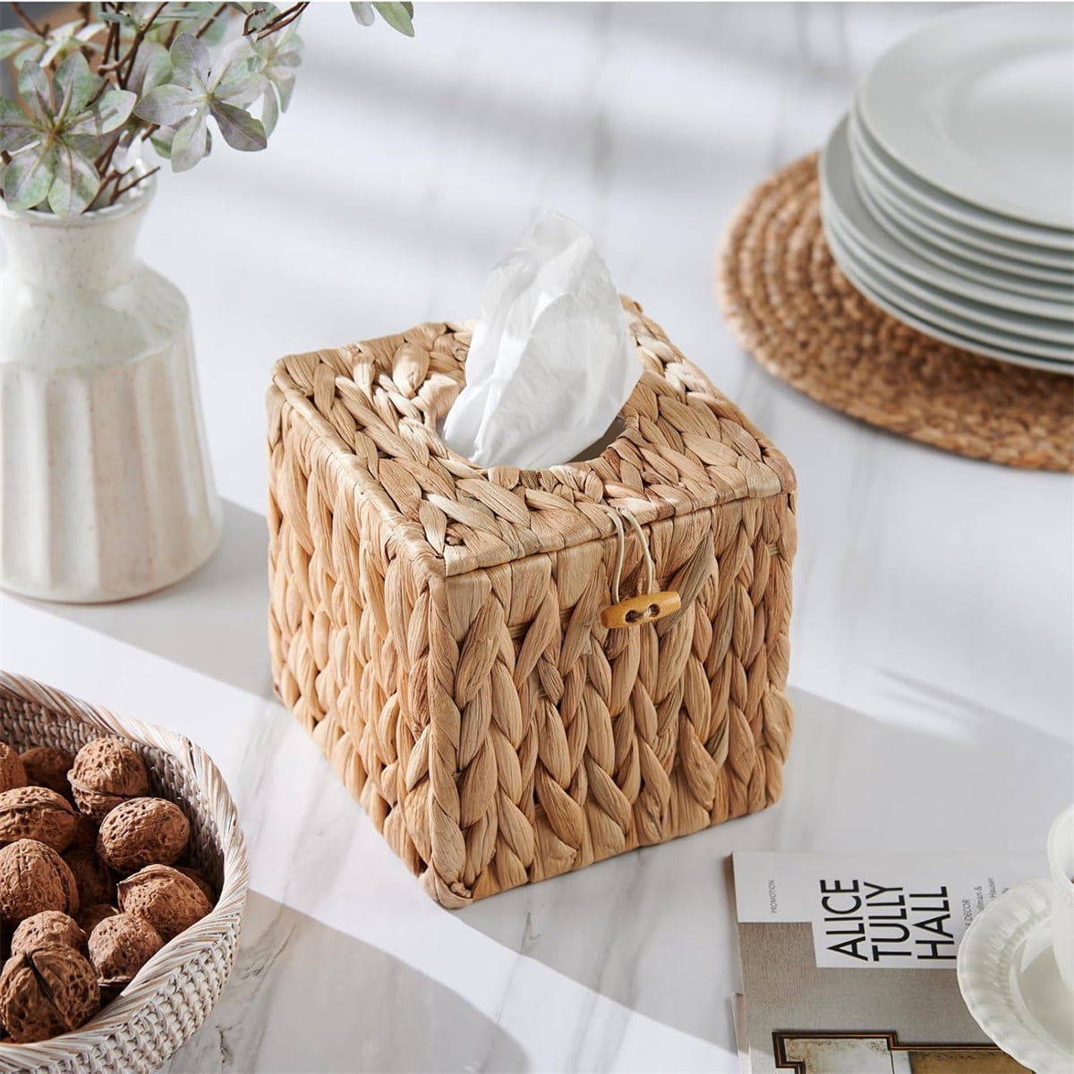 Tutuviw Tissue Box Cover Rectangle,Tissue Box Holder for Bathroom,Water Hyacinth Tissue Box Holder,Rattan Tissue Box Cover Facial Tissue Holder for Table,10