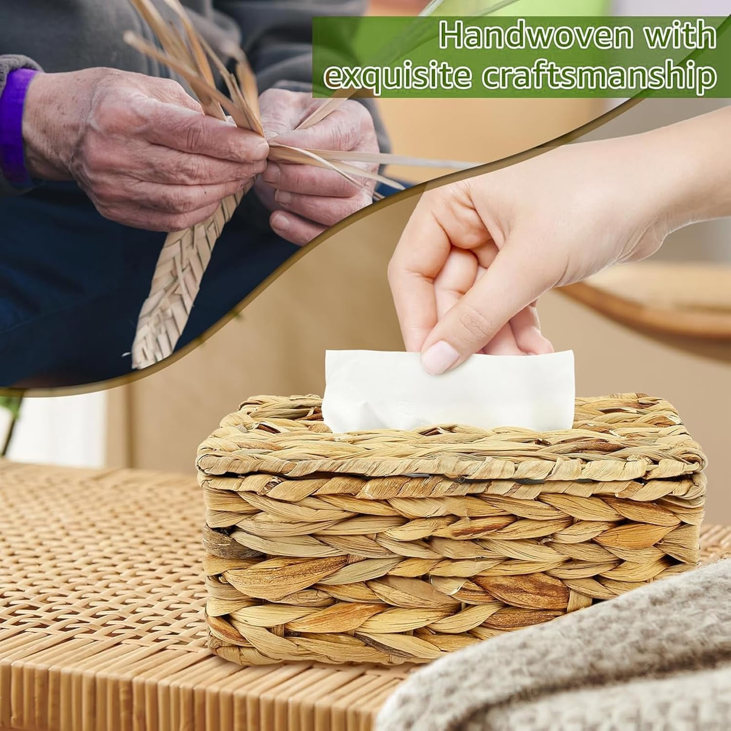 Tutuviw Tissue Box Cover Rectangle,Tissue Box Holder for Bathroom,Water Hyacinth Tissue Box Holder,Rattan Tissue Box Cover Facial Tissue Holder for Table,10