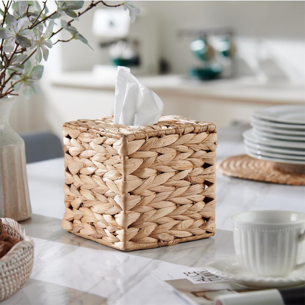 Tutuviw Tissue Box Cover Rectangle,Tissue Box Holder for Bathroom,Water Hyacinth Tissue Box Holder,Rattan Tissue Box Cover Facial Tissue Holder for Table,10