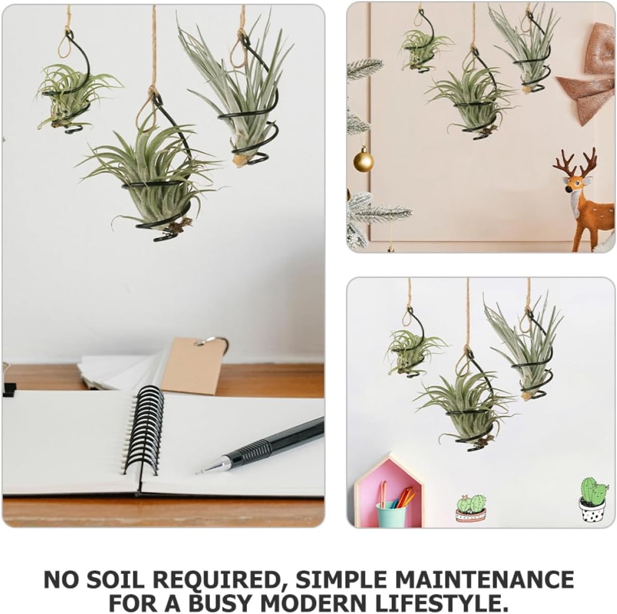 Tutuviw 6 Pcs Air Pineapple Pot Air Plant Hanger Holder,Plant Stands Hanging with Jute Ropes,Modern Plants Hanger Wall Metal Air Plants Stand,Air Plants Hook Air Shelf (Black Aluminum) - Image 3