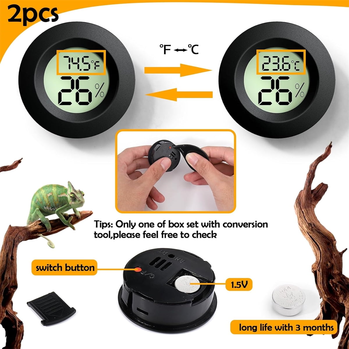 Tutuviw Reptile Thermometer Hygrometer LCD Digital Humidity Gauge for Reptile Heat Pad to Monitor Temperature and Humidity in Reptile Terrarium for Turtle Snake Lizard Frog Plant Box, 2Pcs 1.7 - Image 4