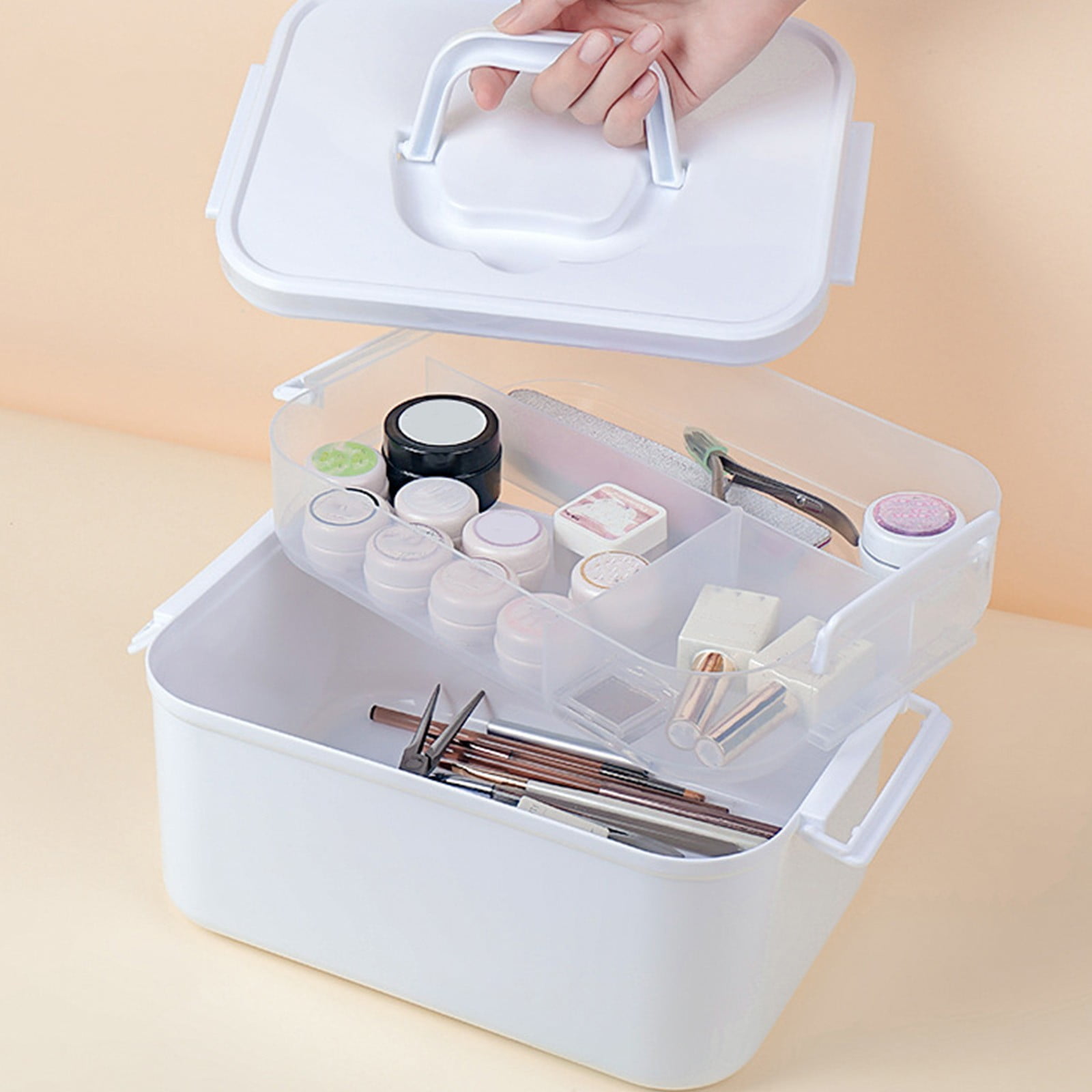 Portable Nail Polish Carrying Box, Plastic Storage Bins with Removable Tray and Lids, Crafts Organizers and Storage Clear Container with Handle, Travel Box Holders for Art Crafts and Cosmetic White - Image 1