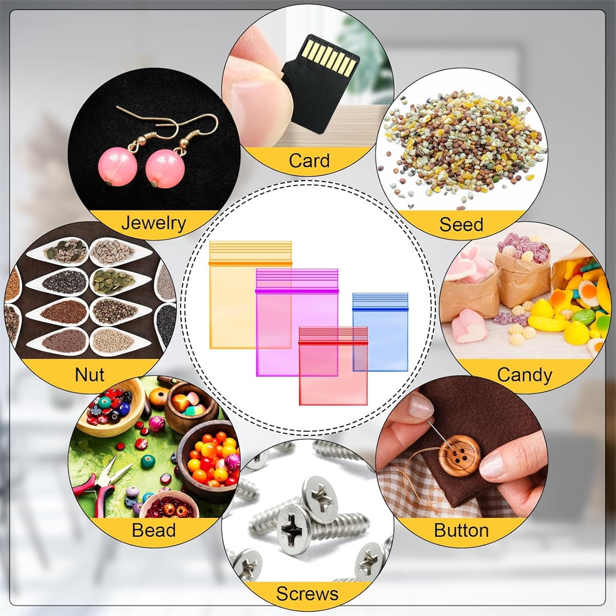 Mini Bags,Tutuviw 200Pcs Small Plastic Seal Bags, Jewelry Bags, Small Packing Bags,Jewelry Reclosable Pouch,Press Sealing Zip Lock Bags for Snack Beads Pills (7MIL Thick, Colour Mixture) - Image 6
