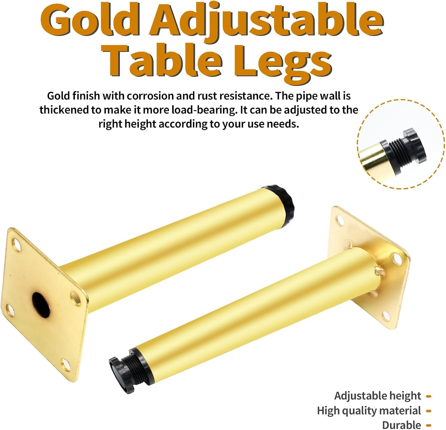 4pcs Gold Adjustable Furniture Legs, 4 Inch / 100mm Gold Metal Support Feet Heavy Duty Replacement Legs for Sofa TV Cabinet Couch Coffee Table Sideboards Cupboard Dresser Gold Adj - Image 3