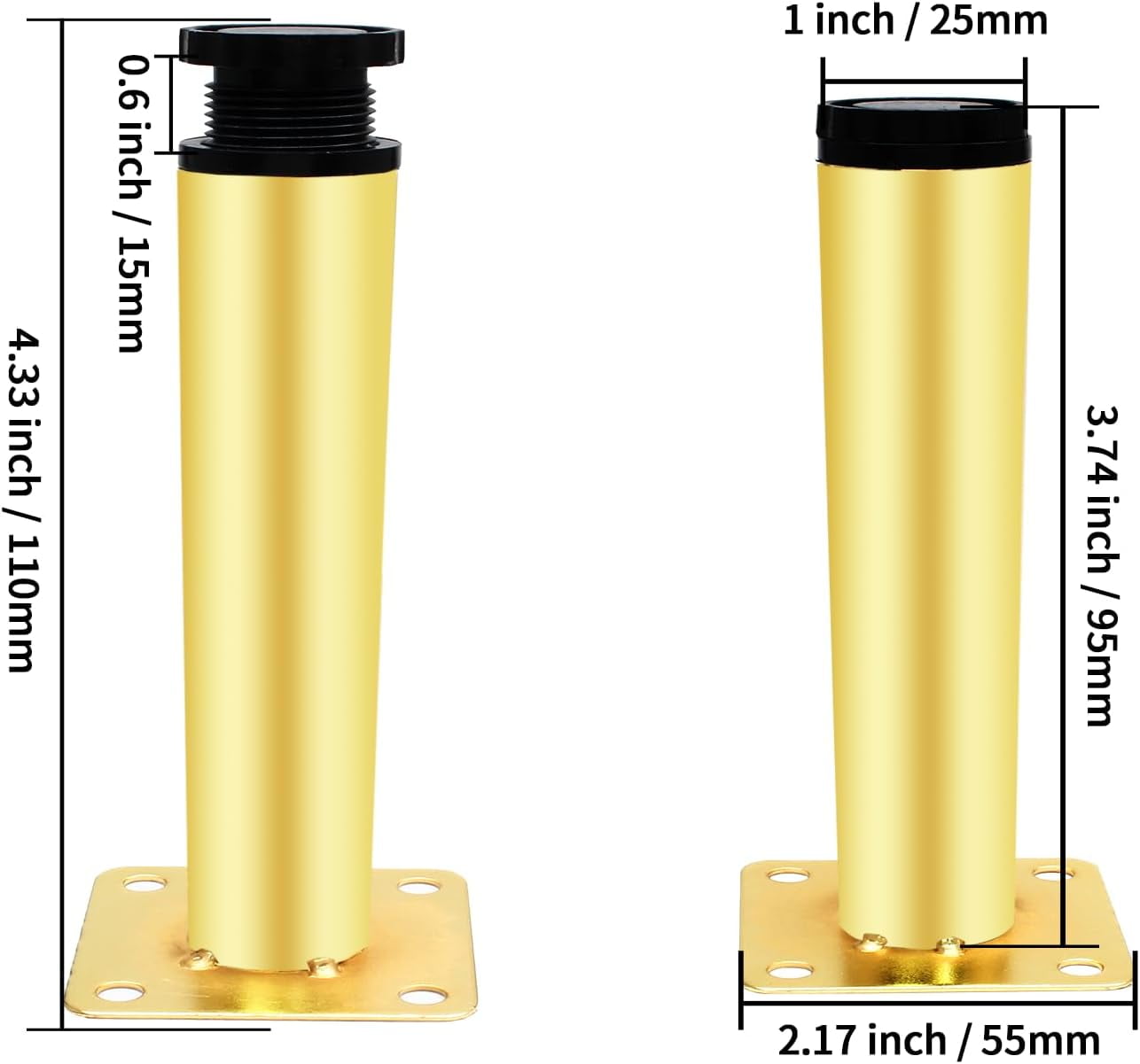 4pcs Gold Adjustable Furniture Legs, 4 Inch / 100mm Gold Metal Support Feet Heavy Duty Replacement Legs for Sofa TV Cabinet Couch Coffee Table Sideboards Cupboard Dresser Gold Adj - Image 4