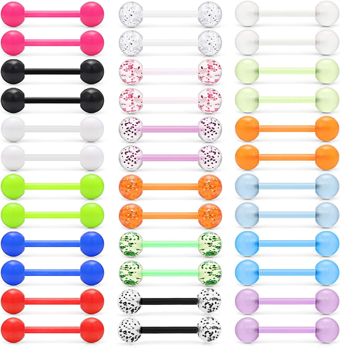 36Pcs 14G Glow in Dark Flexible Acrylic Straight Tongue Barbell Nipple Ring Retainer Piercing Jewelry for Women Men 16mm Bar - Image 1