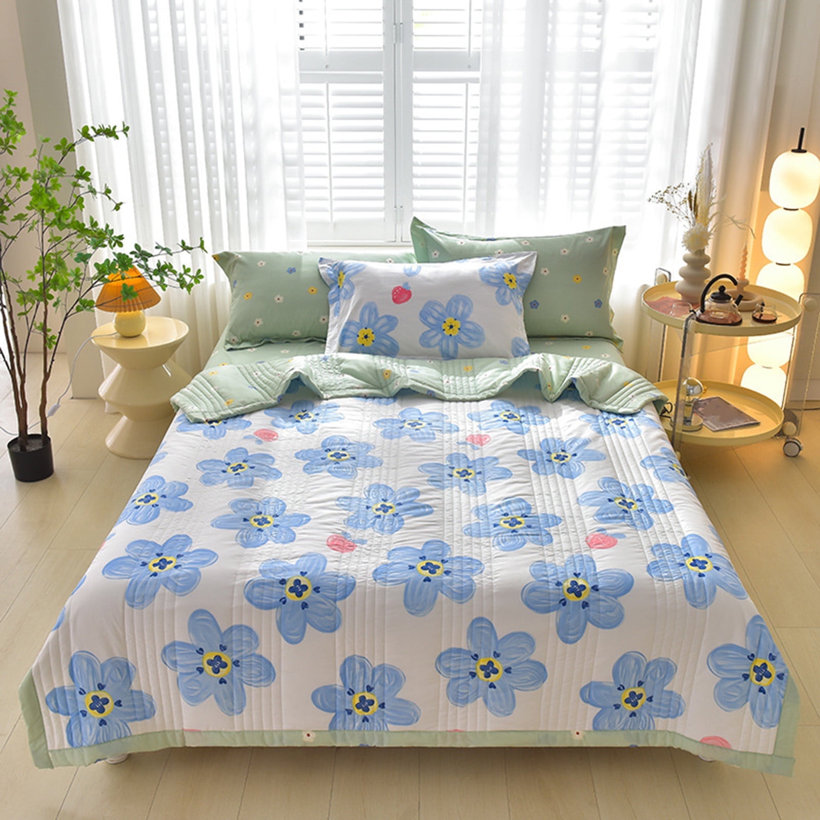 Quilts for Queen Bed Light Bedspreads,Soft Bed Summer Quilt Lightweight Microfiber Bedspread,Modern Style Flowers Pattern Coverlet for All Season Blue - Image 1