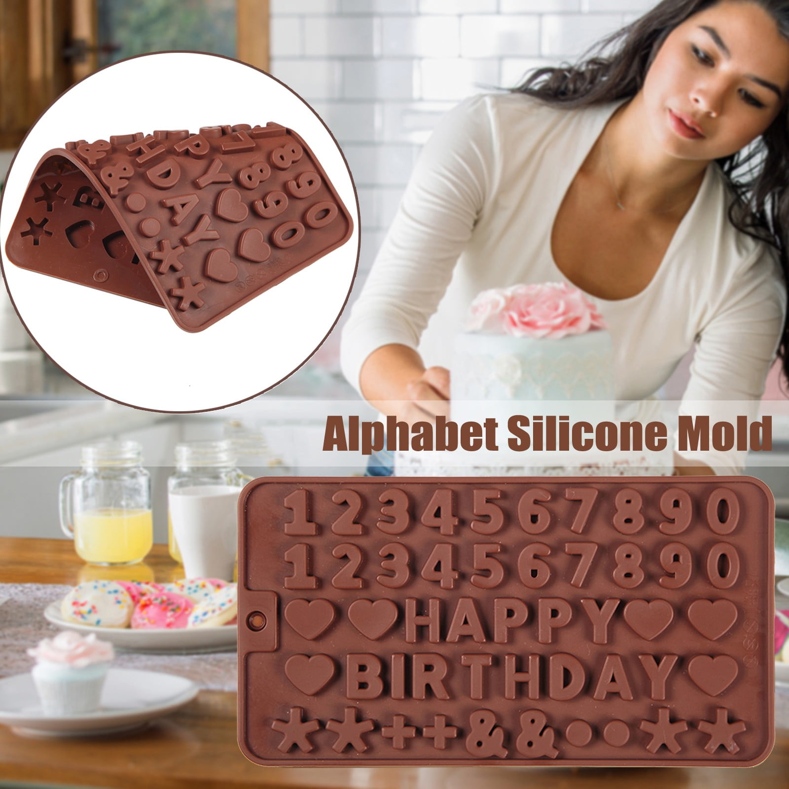 Mini Silicone Molds, Number Molds, Happy Birthday Mold for Baking Biscuits, Cookie, Candy, Chocolate 1-Brown - Image 1