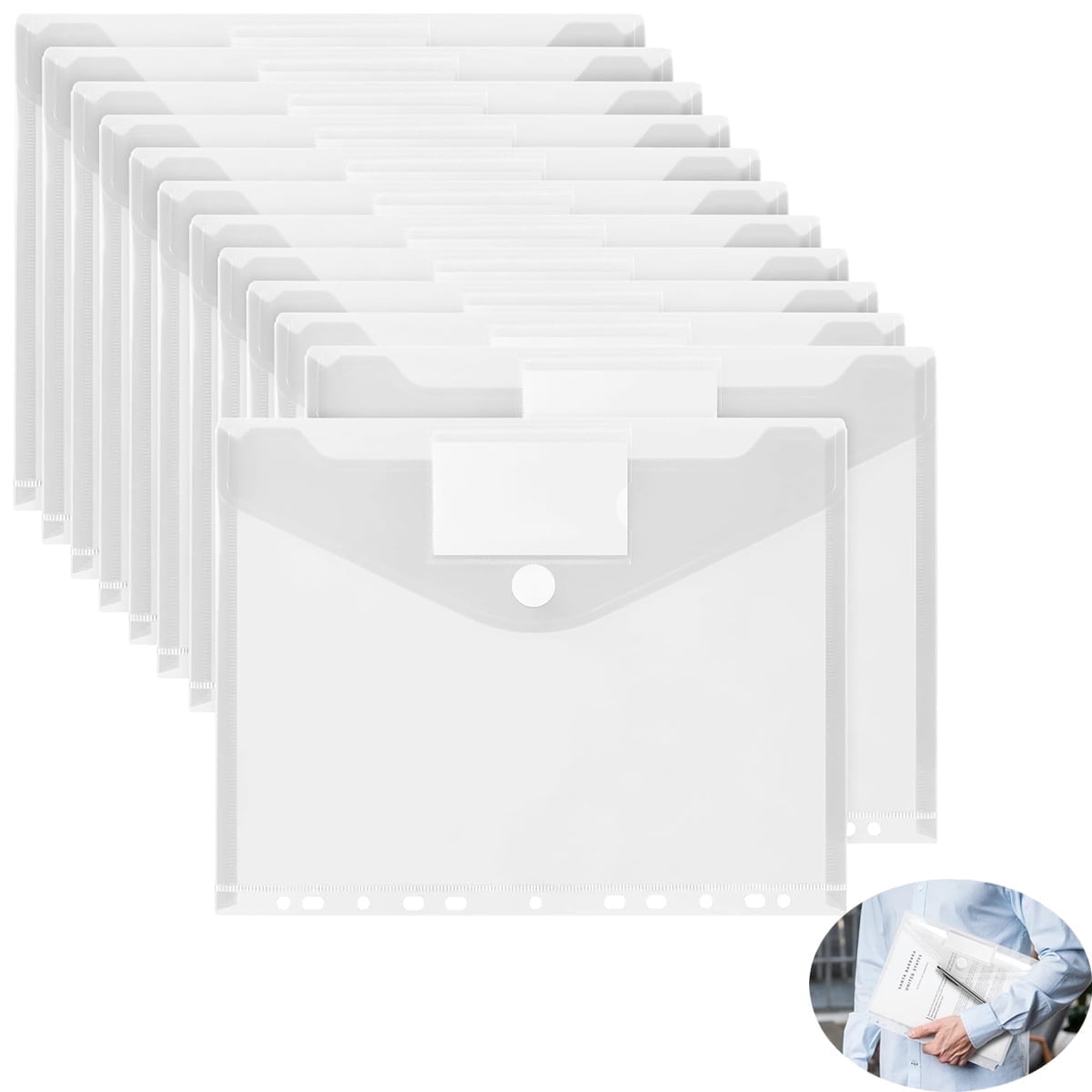 Tutuviw 12Pcs Binder Pockets for 2/3/4 Ring,11 Holes Binder Folders,Clear Document Folders,A4 Size Clear Document Envelopes,Snap Button Pouch with Label for Home Work Organization White - Image 1