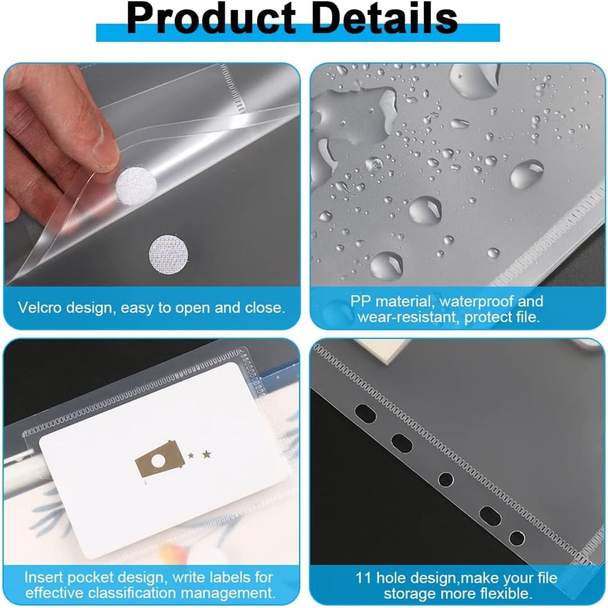 Tutuviw 12Pcs Binder Pockets for 2/3/4 Ring,11 Holes Binder Folders,Clear Document Folders,A4 Size Clear Document Envelopes,Snap Button Pouch with Label for Home Work Organization White - Image 3