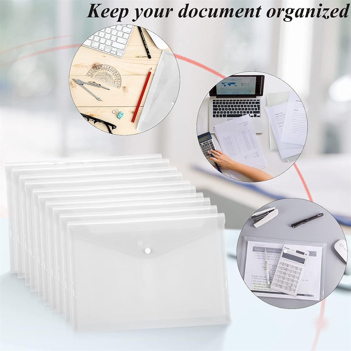 Tutuviw 12Pcs Binder Pockets for 2/3/4 Ring,11 Holes Binder Folders,Clear Document Folders,A4 Size Clear Document Envelopes,Snap Button Pouch with Label for Home Work Organization White - Image 5