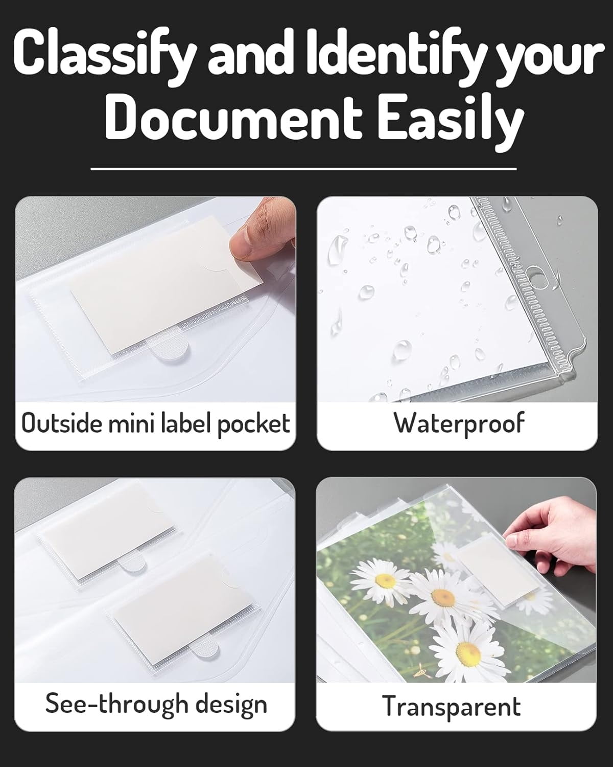 Tutuviw 12Pcs Binder Pockets for 2/3/4 Ring,11 Holes Binder Folders,Clear Document Folders,A4 Size Clear Document Envelopes,Snap Button Pouch with Label for Home Work Organization White - Image 6