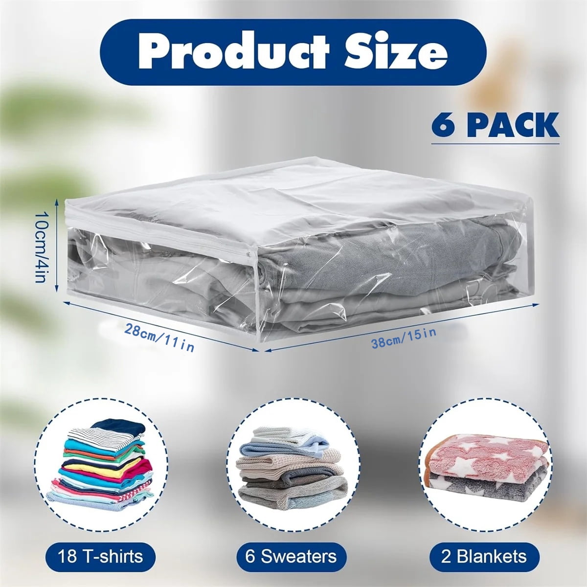 6 Pcs Clear Zippered Storage Bags,Tutuviw Clothes Bag Organizer with Zipper,Plastic Sheet Organizer and Storage for Sweater Blankets Sheet Linen Quilt Bed Pillow Cube Organizer(15x11x4in) - Image 2