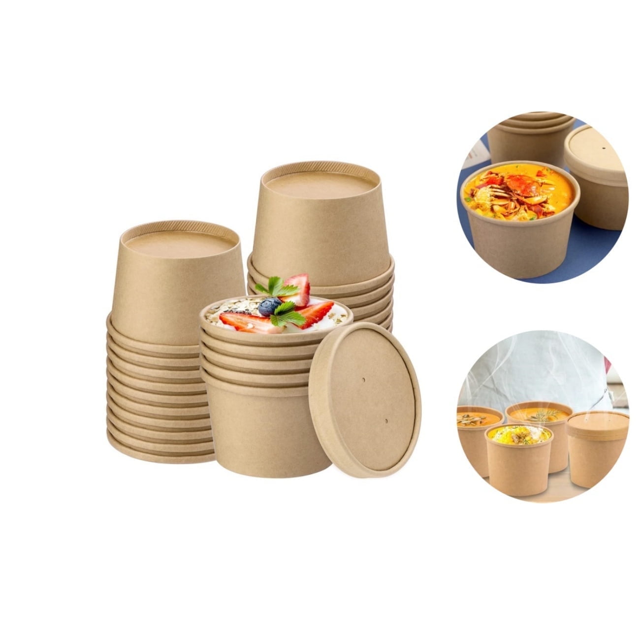 QZS 20 Pack Paper Soup Bowls,12oz Disposable Kraft Paper Soup Bowls with Lids for Ice Cream,Durable Kraft Food Cups for Chocolate,Candy 3.5