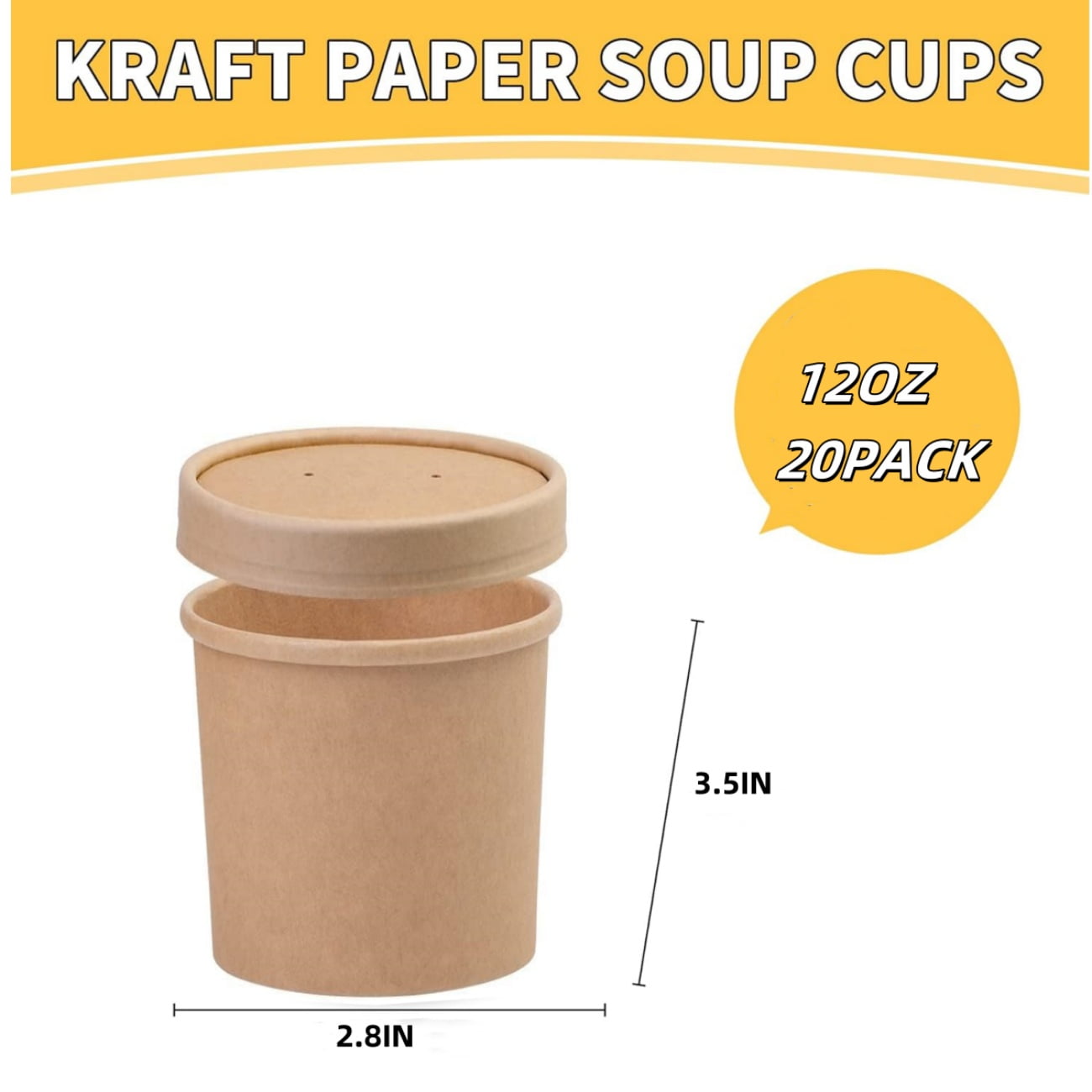QZS 20 Pack Paper Soup Bowls,12oz Disposable Kraft Paper Soup Bowls with Lids for Ice Cream,Durable Kraft Food Cups for Chocolate,Candy 3.5