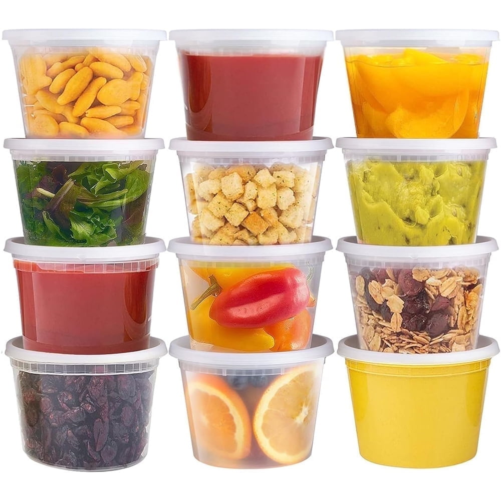 16 oz Deli Containers with Lids,Stackable Food Storage Box,Disposable Takeout Containers,Airtight Leakproof Round Bowls,Non-Spill Plastic Soup Cups,Freezer Safe,for Meal Prep 12Pcs Clear - Image 1