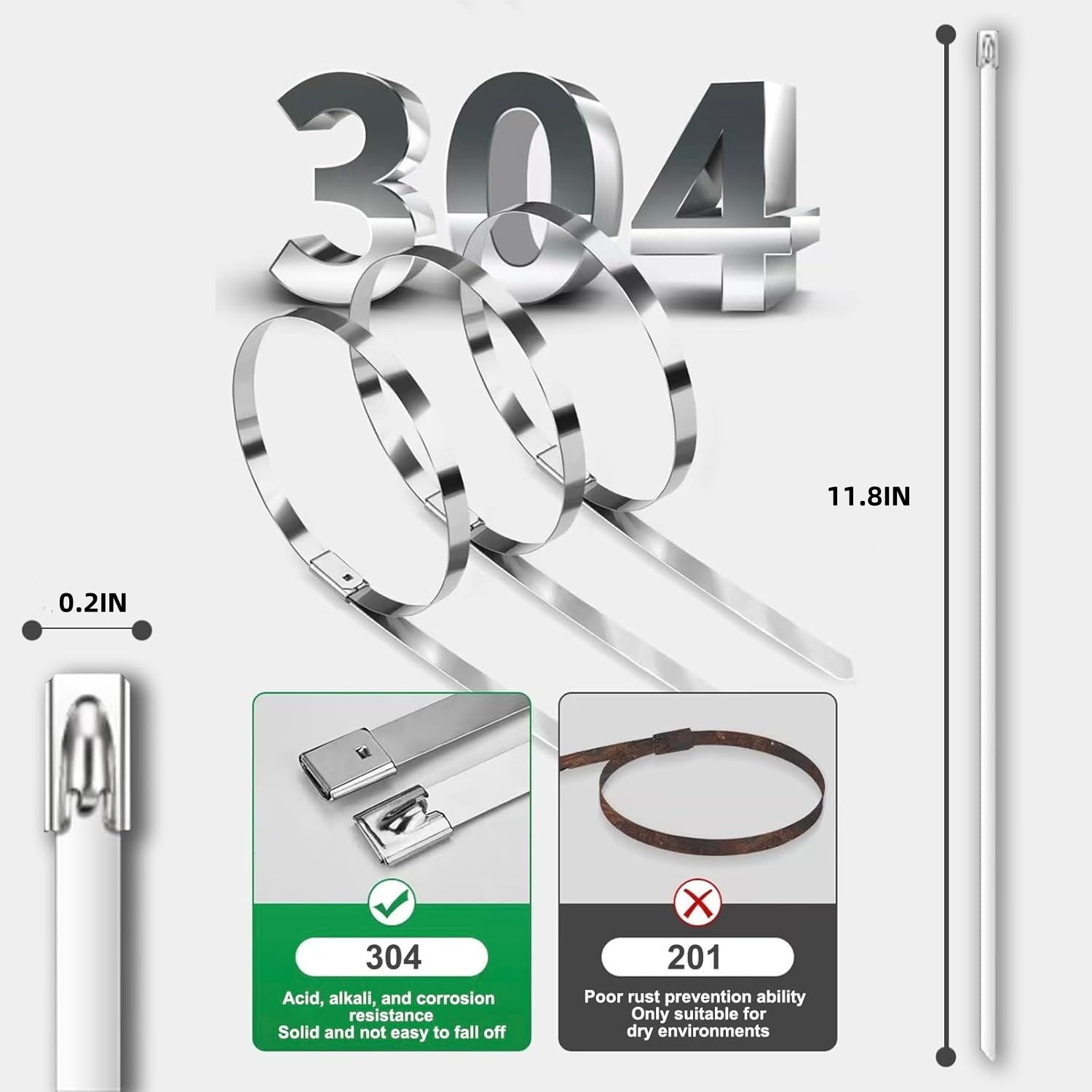 QZS Stainless Steel Locking Cable Ties,100Pack Durable Heavy Duty Zip Ties for Fence,11.8x0.2In Multifunctional Zip Tool for Pipes,Roofs,Machinery - Image 2