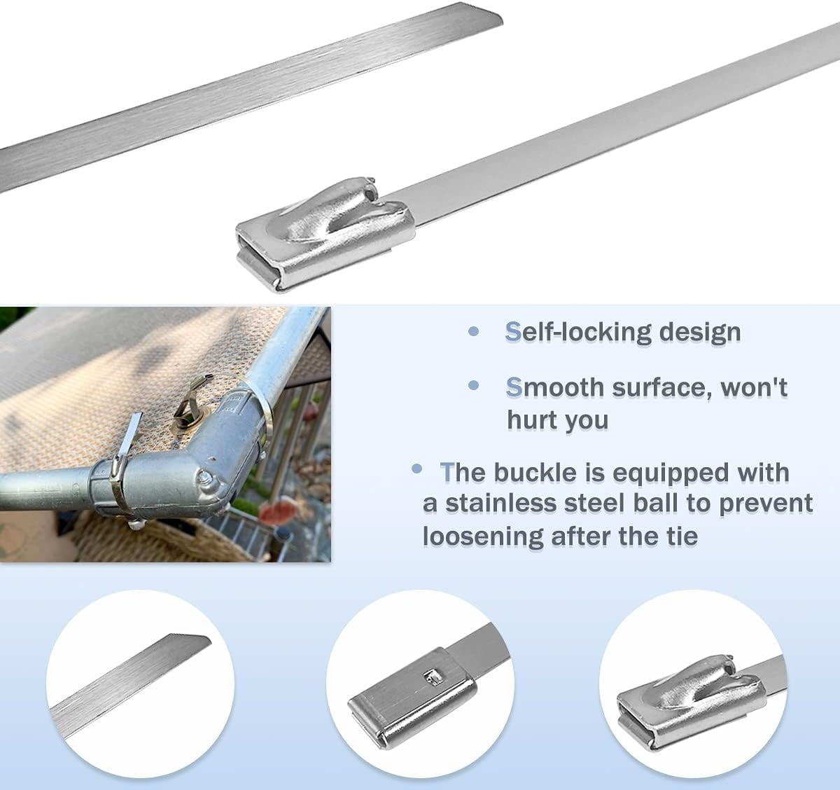 QZS Stainless Steel Locking Cable Ties,100Pack Durable Heavy Duty Zip Ties for Fence,11.8x0.2In Multifunctional Zip Tool for Pipes,Roofs,Machinery - Image 4