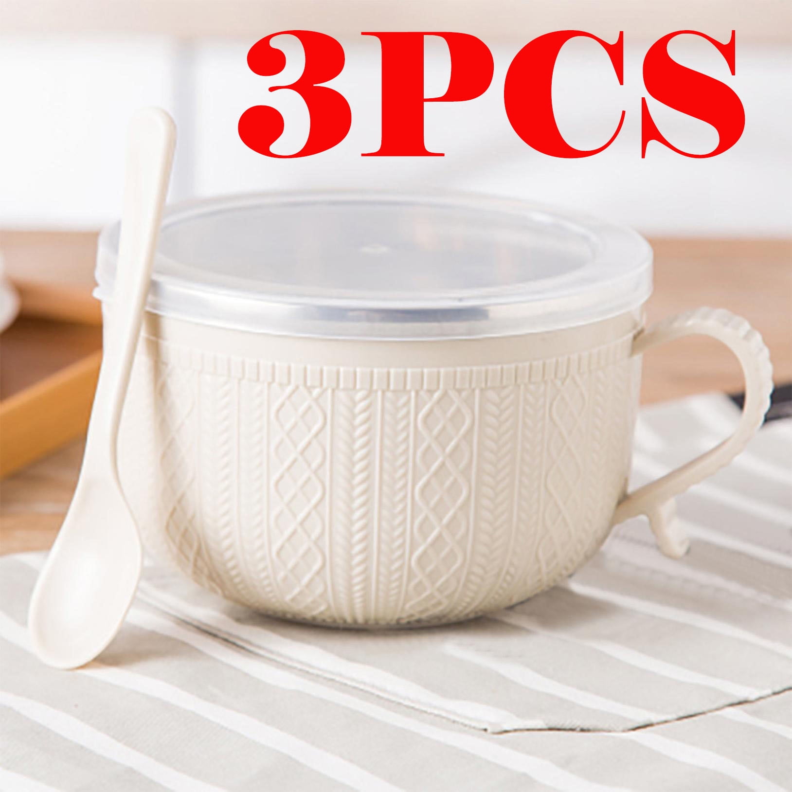 Soup Bowl with Handles,Soup Mug with Handles, Wide Large Cereal Bowl for Oatmeal, Gumbo, Salad, Ceramic Soup Cup, Microwave & Oven Safe 5.5x3.7inch A Clearance! Beige/3PCS - Image 1