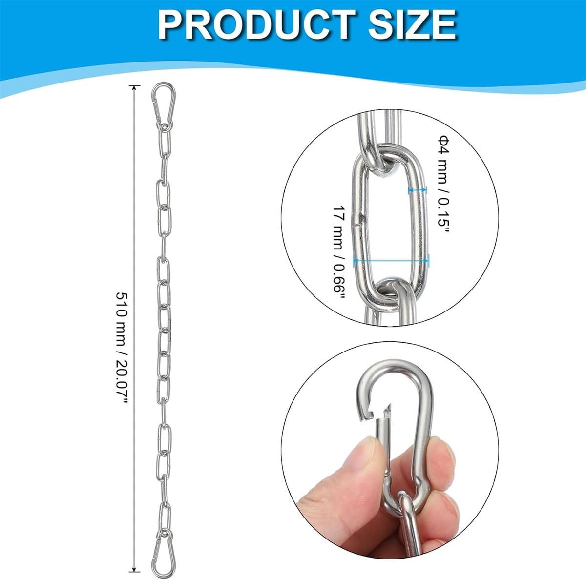 Tutuviw Stainless Steel Link Chain,2PCs Stainless Steel Link Heavy Duty Coil Chain with 4 Carabiner, Hanging Safety Chains for Swing Plants Anti-Theft Pet Dog Anchor Fence Towing Chain Link - Image 2