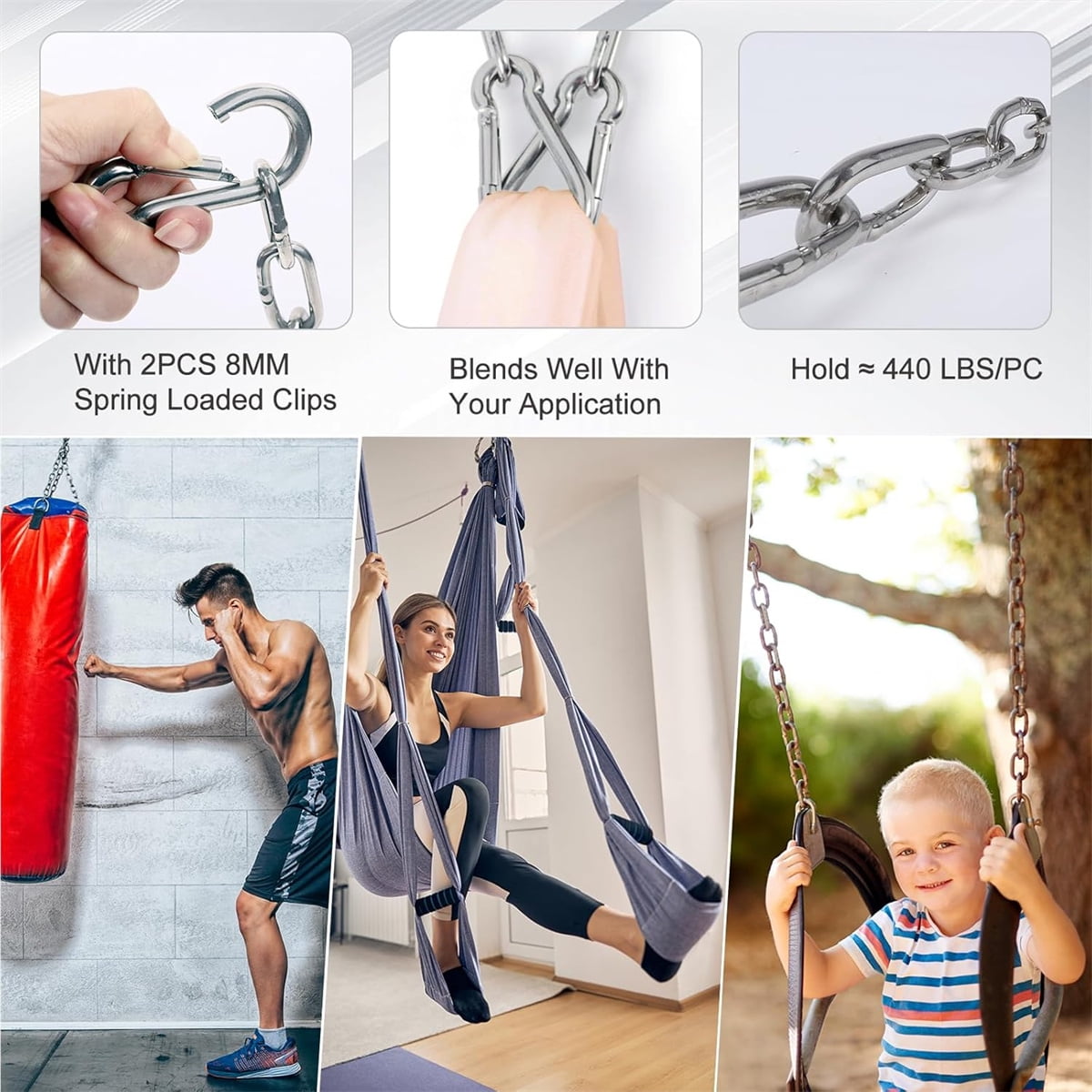 Tutuviw Stainless Steel Link Chain,2PCs Stainless Steel Link Heavy Duty Coil Chain with 4 Carabiner, Hanging Safety Chains for Swing Plants Anti-Theft Pet Dog Anchor Fence Towing Chain Link - Image 4