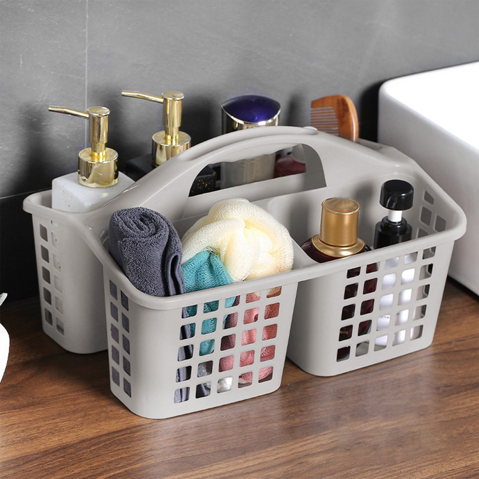 Plastic Storage Divided Tool Bin, 3 Compartments Plastic Shower Caddy Basket, Portable Divided Cleaning Supply Storage Organizer with Handle Gray - Image 1