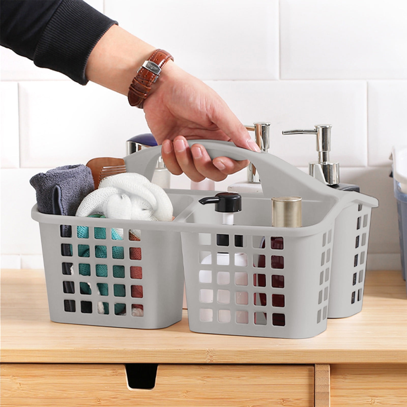 Plastic Storage Divided Tool Bin, 3 Compartments Plastic Shower Caddy Basket, Portable Divided Cleaning Supply Storage Organizer with Handle Gray - Image 5