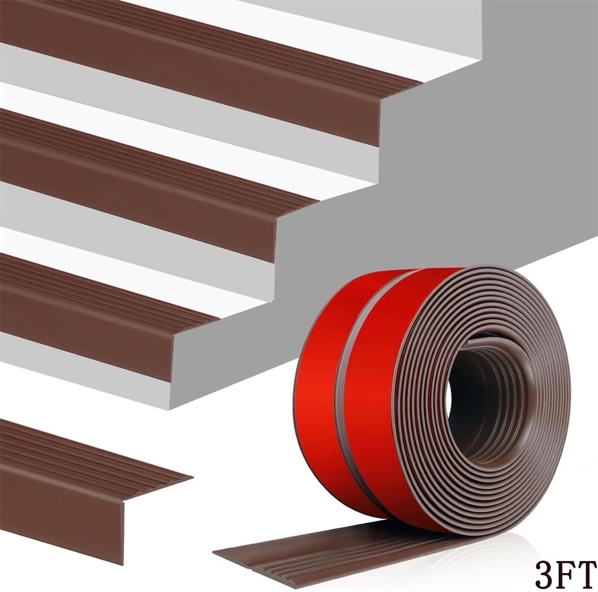 Vinyl Rubber Stair Nosing,Tutuviw Stair Edge Trim,Corner Guard,3 ft Self Adhesive Nose Molding Non-Slip Rubber Edge Protector Steps Trim Rubber Strips for Indoor & Outdoor Staircase Step Uses (Black) Brown - Image 1