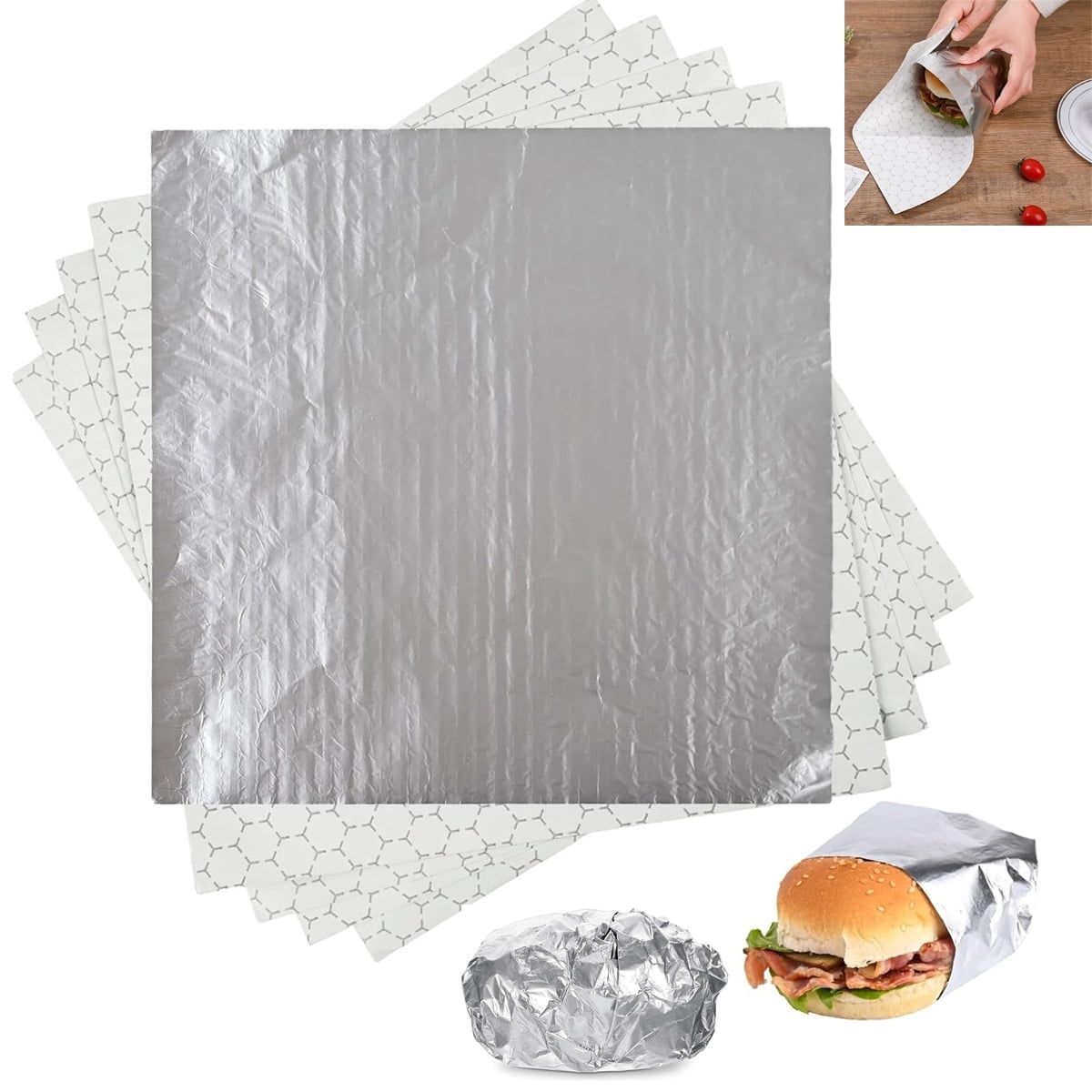 Tutuviw 50 Pcs Sandwich Wrap Paper Insulation Paper Aluminum Foil Sheets for Burgers Wrapping Pre-Cut Foil Paper Heavy Duty BBQ Burrito Wrapping Paper Foil Sheets & Tin Paper (12x12in) - Image 1