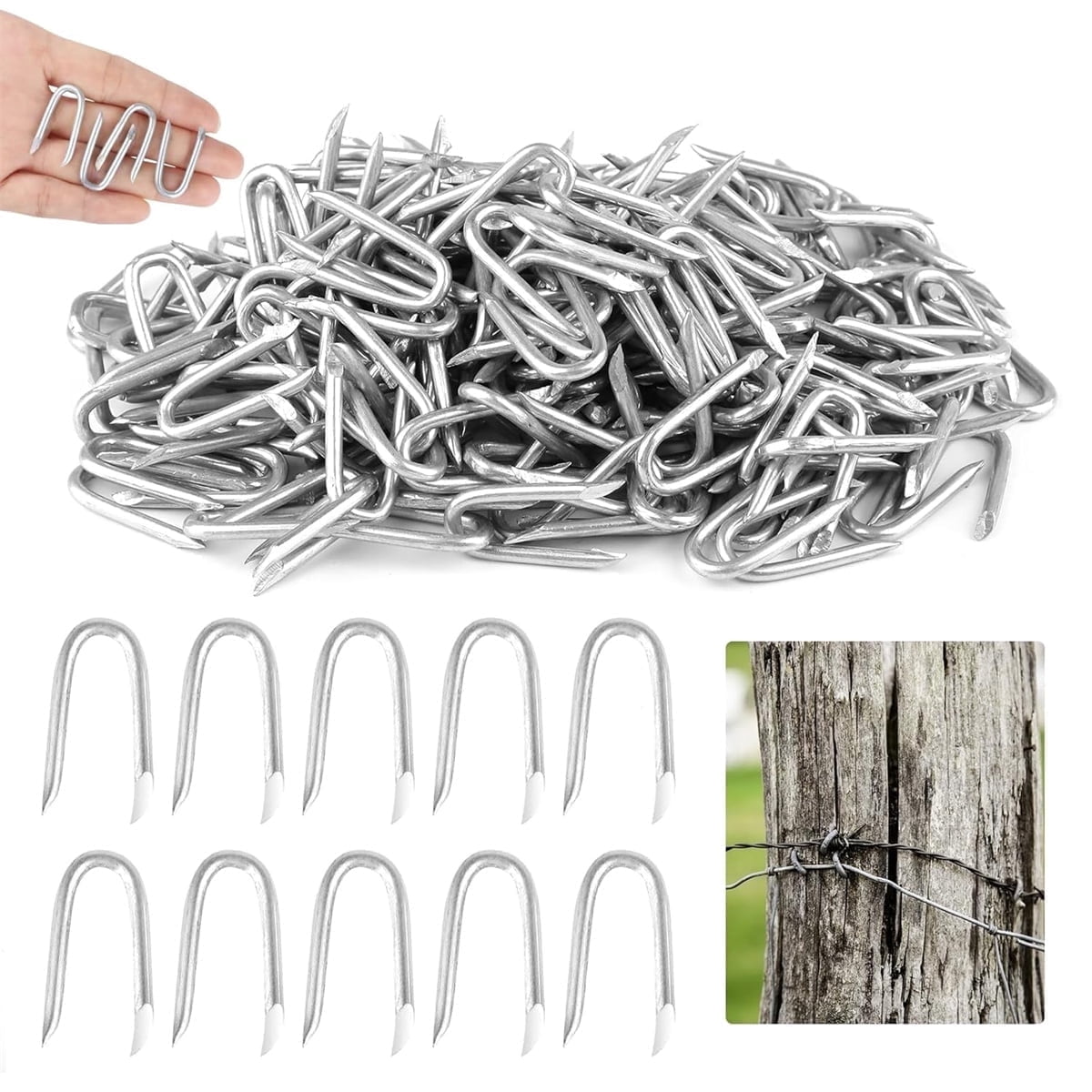 U Fence Staples,Tutuviw 100 Pcs 0.8 x 0.5in Galvanized U Shaped Nails,Steel Wire Fencing Staples,Heavy Duty Staples Fencing Staples,U Nails for Wood Fencing Barbwire Fence (Siver） - Image 1