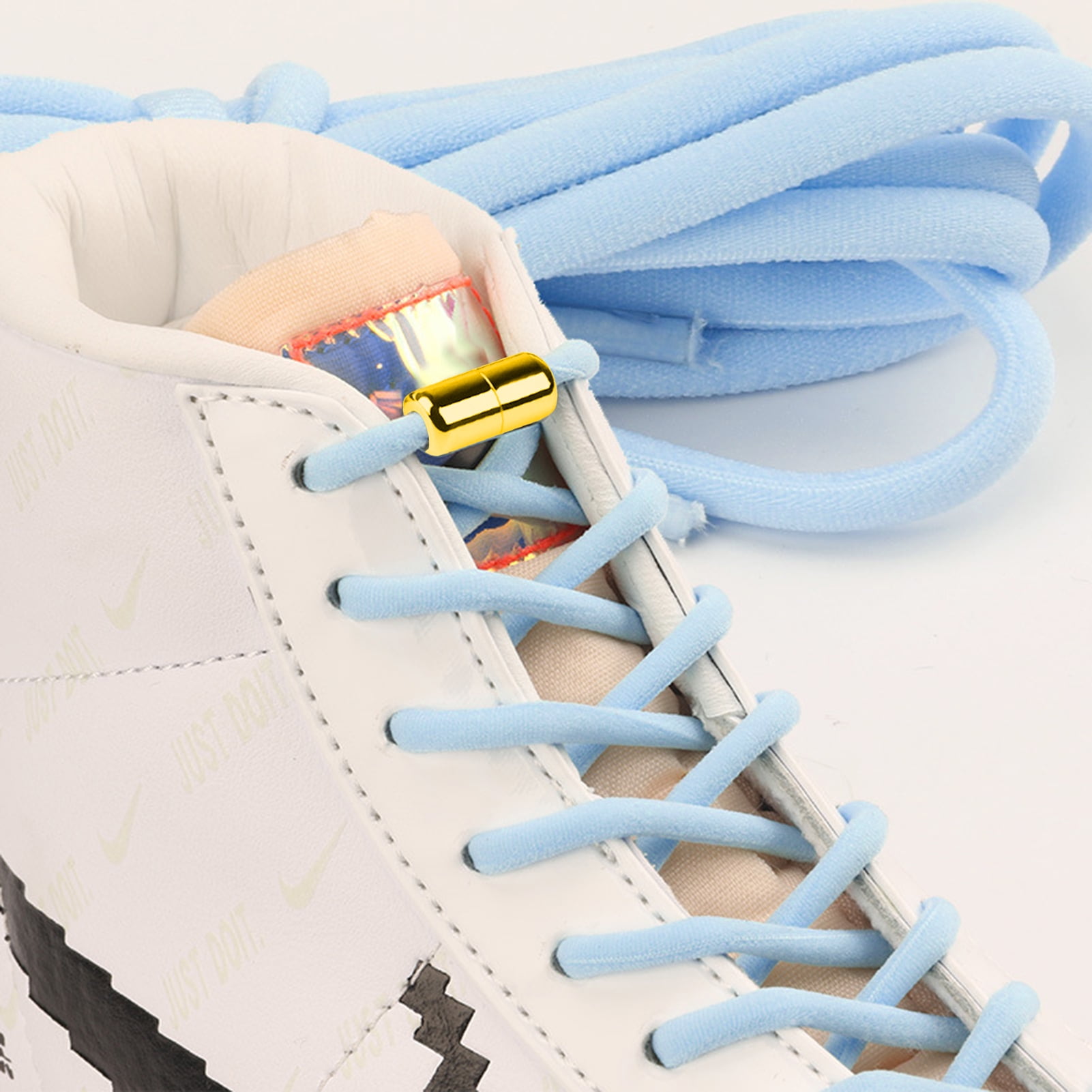 harmtty 1 Pair Sneaker Shoelaces Wear-resistant Elastic with Metal Buckles Lock Shoe Laces for Slip On Shoes,Black Blue - Image 3