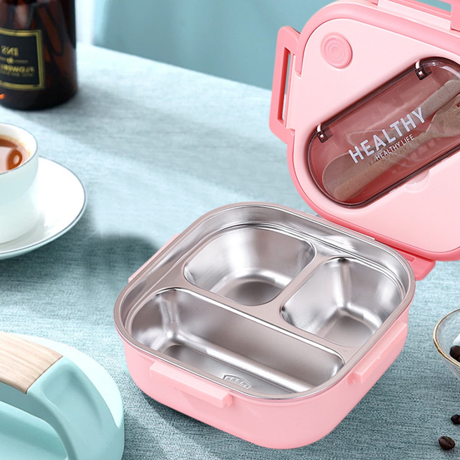Aespoir Lunch Box, Toddler Lunch Box, Leak-Proof, Four-Sided Clasp for School,Camping,Travel, 7.5x7.5x3 In,Light Blue Pink - Image 4
