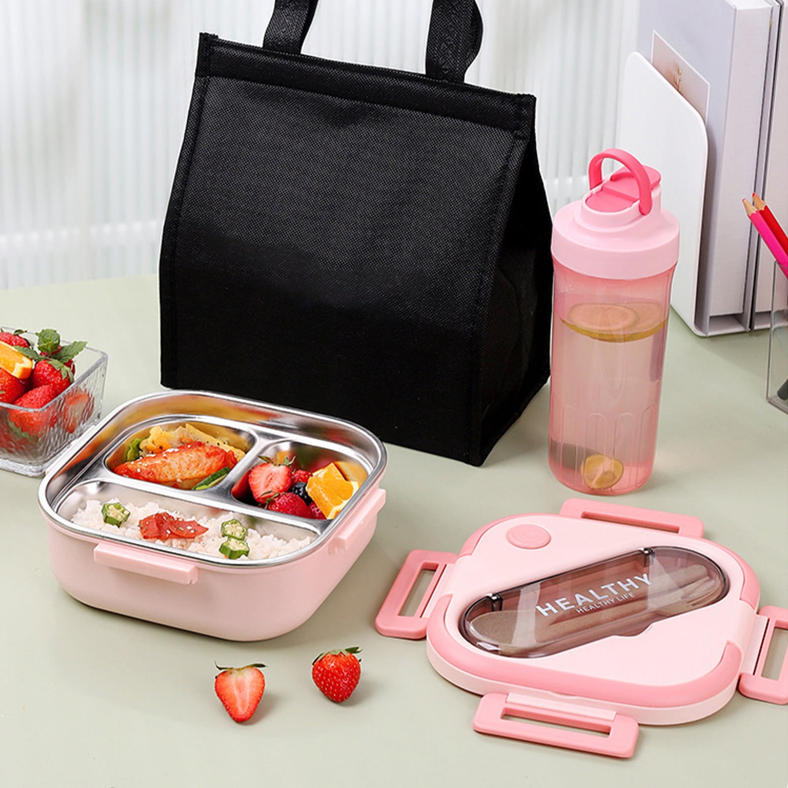 Aespoir Lunch Box, Toddler Lunch Box, Leak-Proof, Four-Sided Clasp for School,Camping,Travel, 7.5x7.5x3 In,Light Blue Pink - Image 5