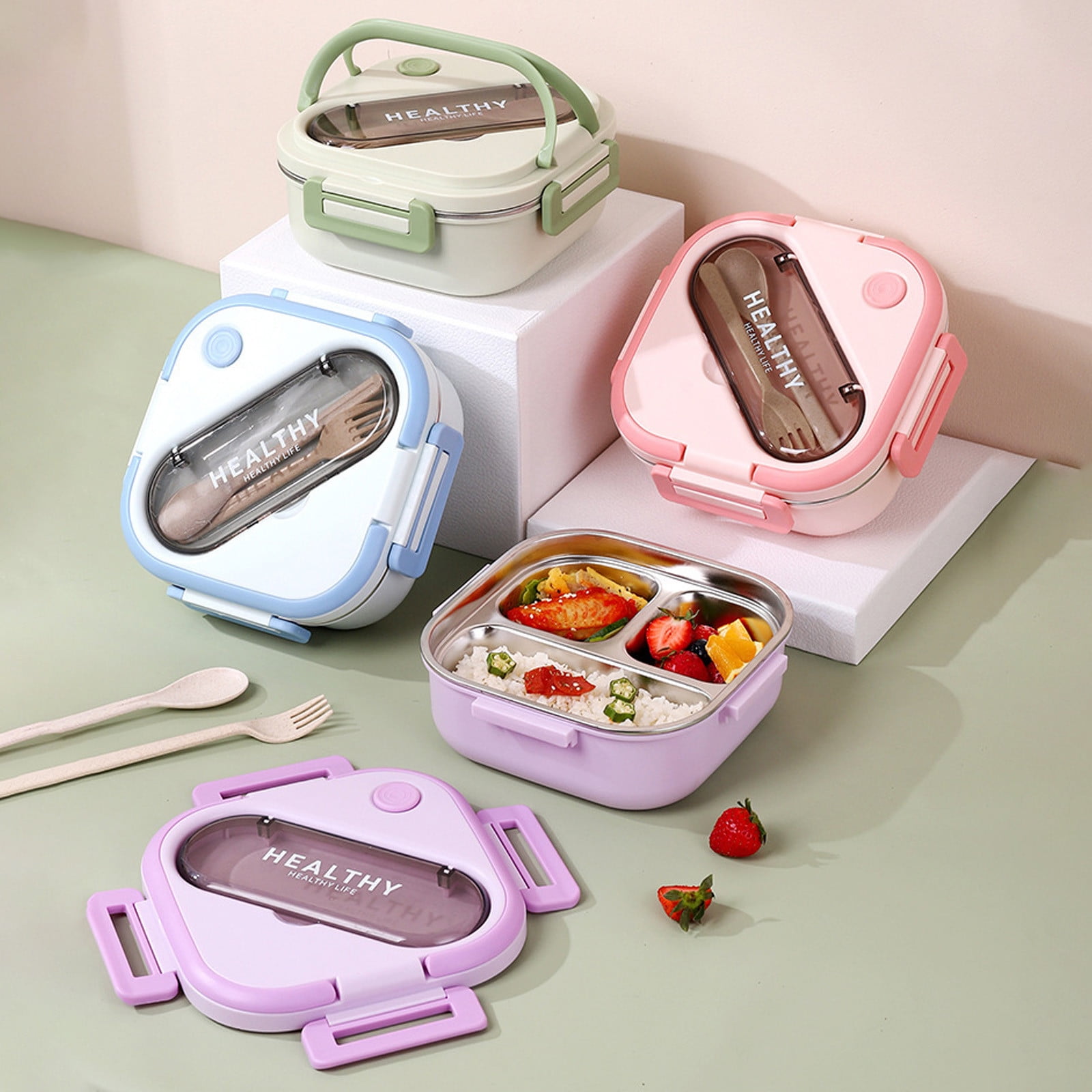Aespoir Lunch Box, Toddler Lunch Box, Leak-Proof, Four-Sided Clasp for School,Camping,Travel, 7.5x7.5x3 In,Purple Green - Image 1