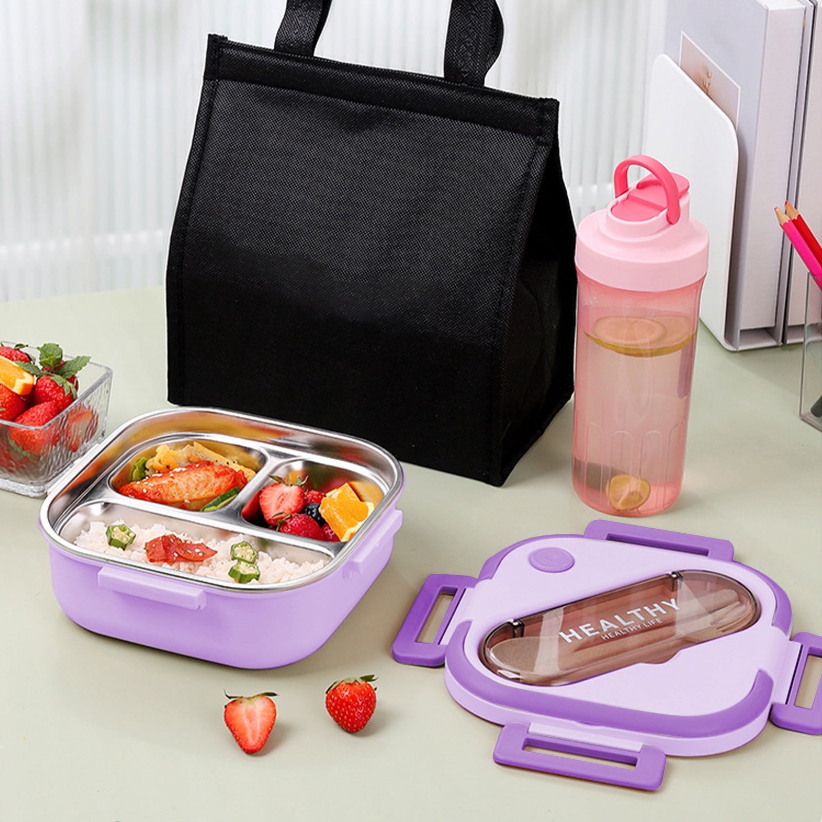 Aespoir Lunch Box, Toddler Lunch Box, Leak-Proof, Four-Sided Clasp for School,Camping,Travel, 7.5x7.5x3 In Purple - Image 5