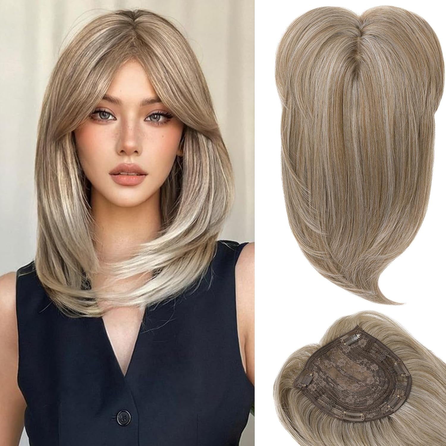 Long Layered Hair Topper with Bangs for Women with Thinning Hair, 14 Inch Slightly Curled Ends Synthetic Fiber Wiglets - Gray with Warm Brown Mixed Gray with Warm Brown Mixed 14 - Image 1